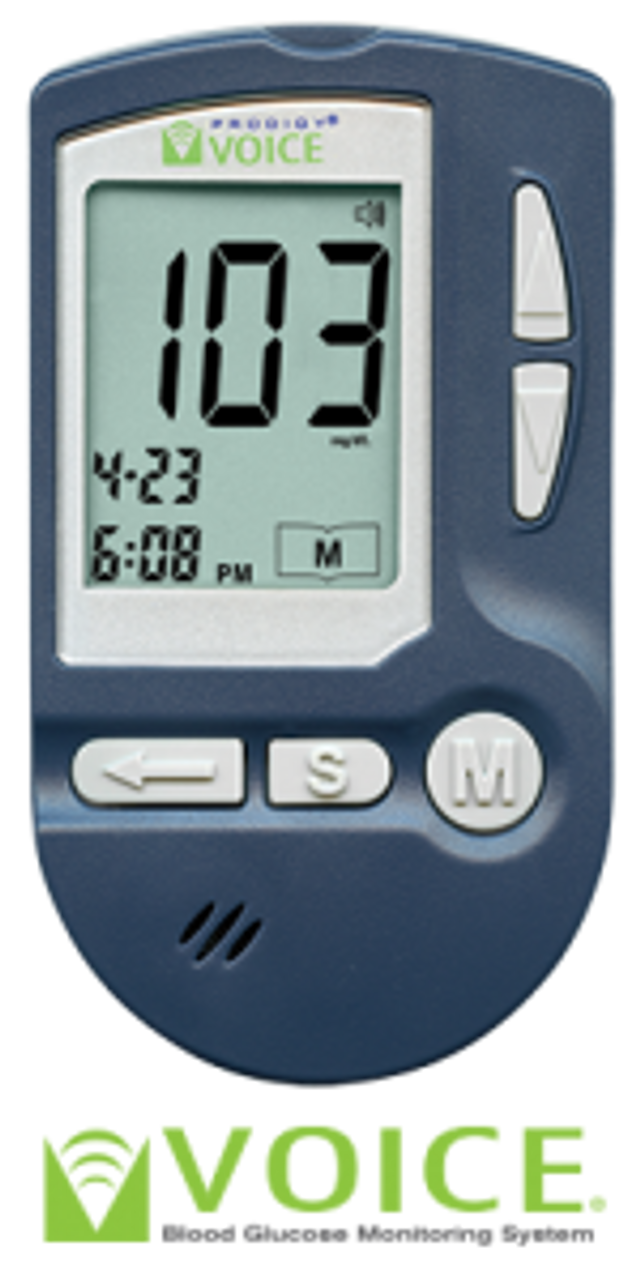 Prodigy Voice® Blood Glucose Monitoring System, Meter, 2 AAA Batteries, 10 Prodigy® Test Strips, Lancing Device, 10 Sterile Lancets, 1 Control Solution, User & Quick Reference Guide, Carrying Case, Logbook (E0607) (Not for E-Commerce Sales)