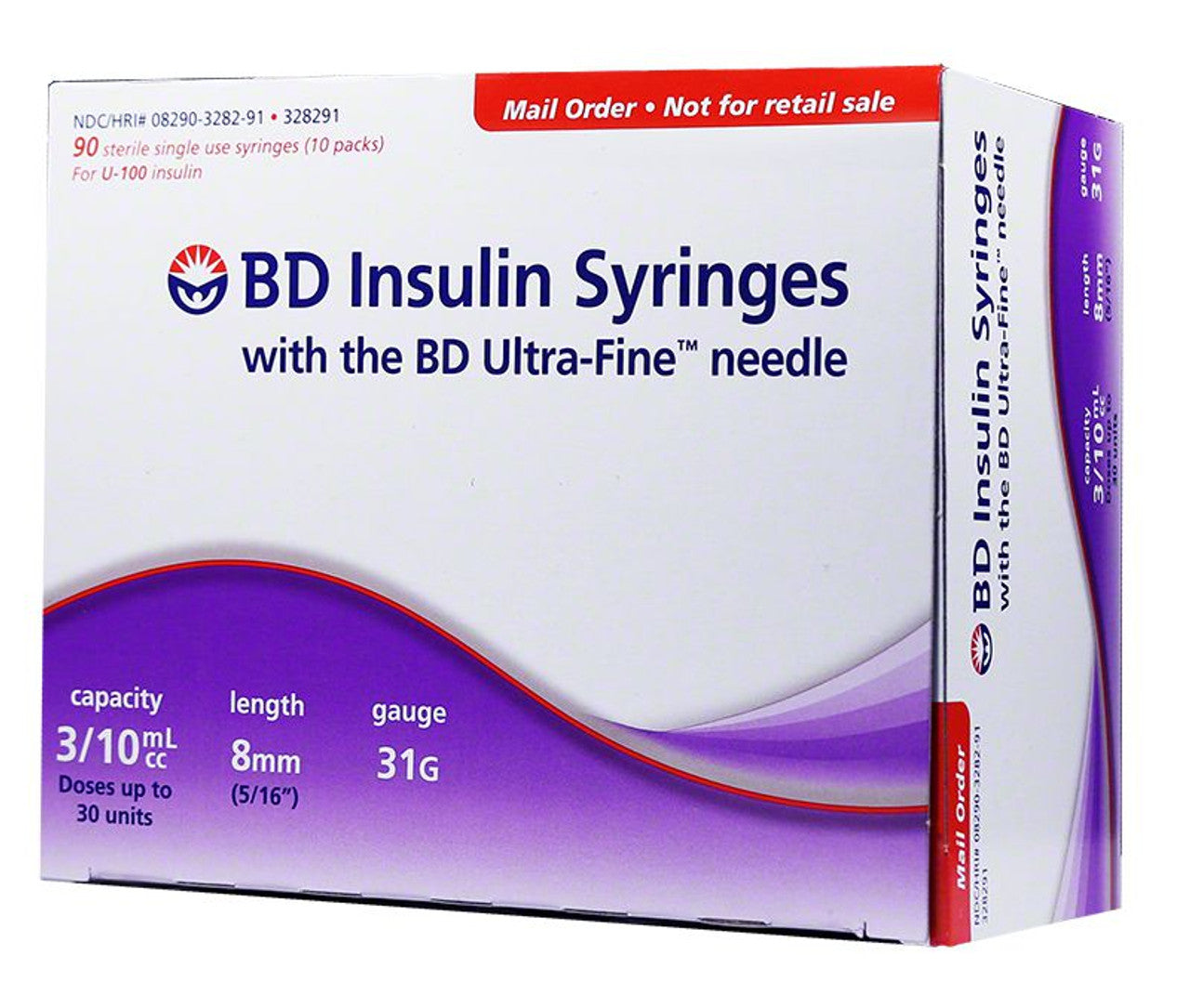 BD™ Ultra-Fine™ Short Needle Insulin Syringe, 3/10 cc, 31 G x 8 mm 90/bx