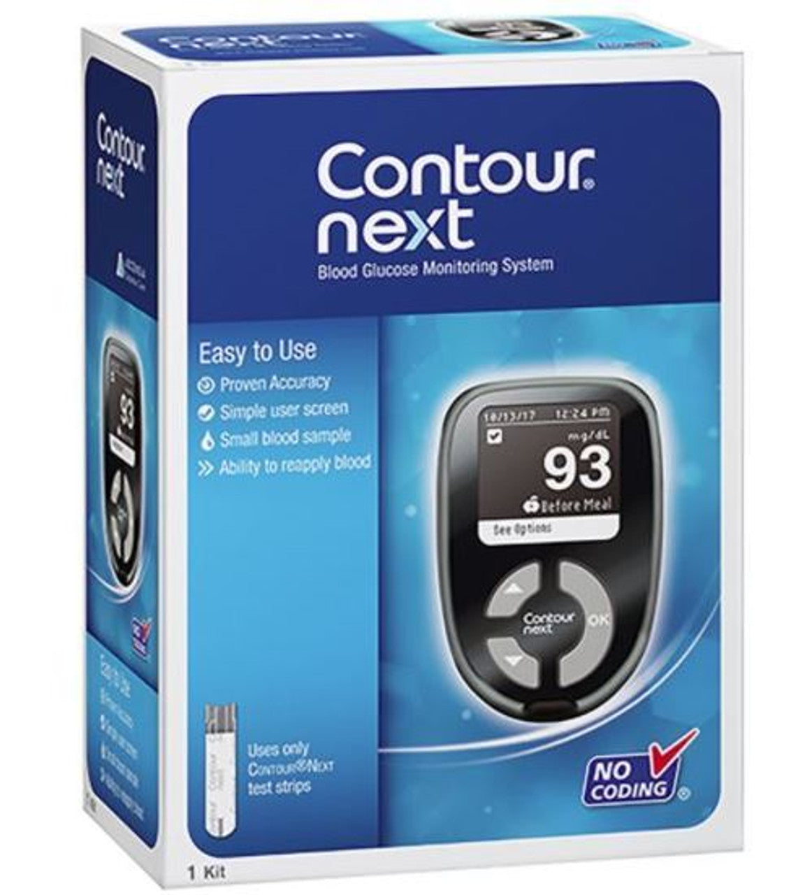 CONTOUR® NEXT Blood Glucose Monitoring System, Retail Kit, CONTOUR® NEXT Blood Glucose Meter, Lancing Device, 10 Colored Lancets, User & Quick Reference Guide, Carrying Case, Logbook, Warranty Card