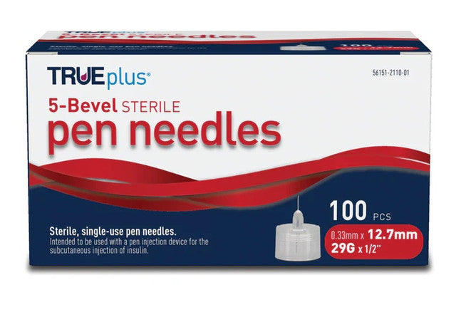 TRUEplus® Sterile, 5 Bevel Pen Needles, 29g, 12.7mm (1/2 inch) (S8490)