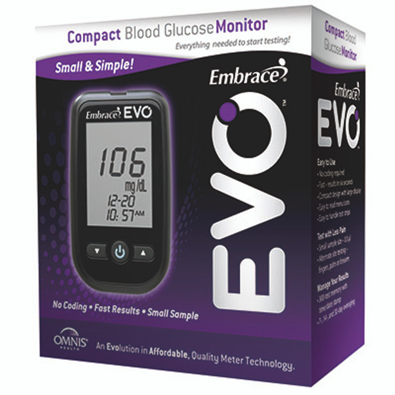 Embrace® EVO™ Mini Meter-All-In-One, 50 Test Strips, 50 Lancets, Lancing Device, 1-3V CR2032 Battery, User's Manual, Carrying Case, and Log Book