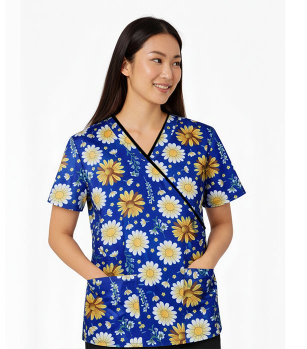 Poplin Women SunFlower Print Scrub Top mock wrap 3 pocket half sleeve with black piping