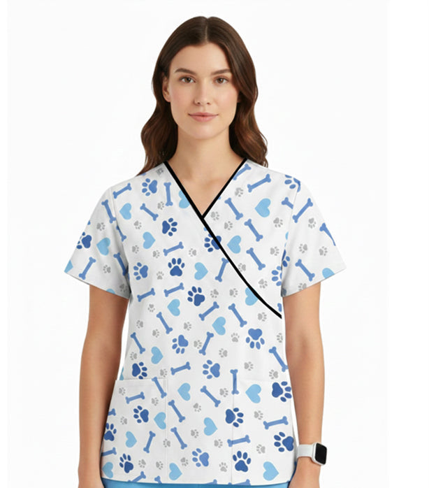 Poplin Women Bone and Paw Print Scrub Top mock wrap 3 pocket half sleeve with black piping