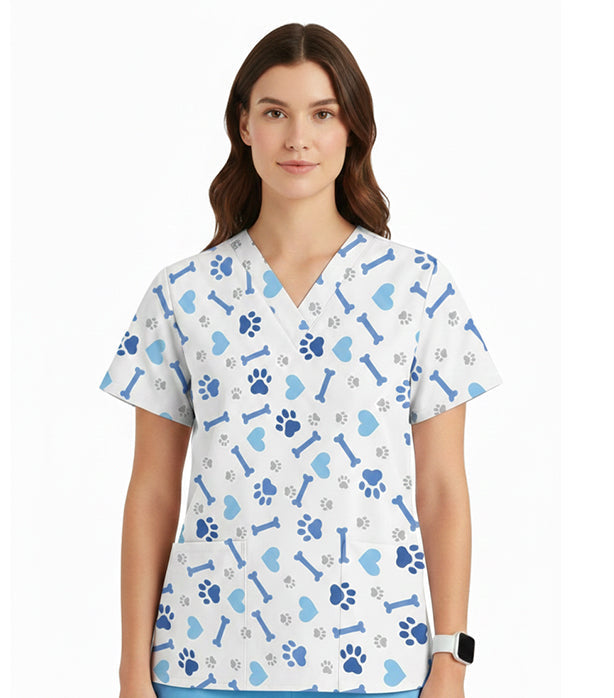 Poplin Women Bone and Paw Print Scrub Top V Neck - 2 Pockets, Half Sleeves