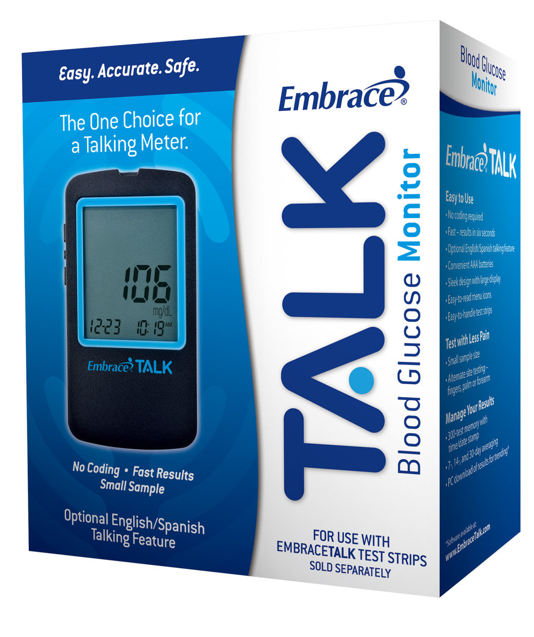 Embrace® TALK™ Blood Glucose Meter Only, 2 AAA Batteries, Carrying Case, Log Book, Instructions