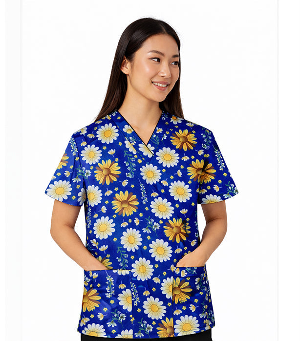 Poplin Women SunFlower Print Scrub Top V Neck - 2 Pockets, Half Sleeves