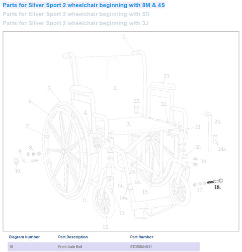 Front Axle Bolt only for Silver Sport II Wheelchair