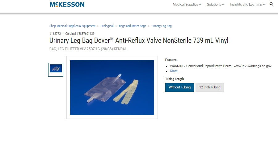 Urine Leg Bag, Large, 25 oz/730mL Capacity, 20/cs