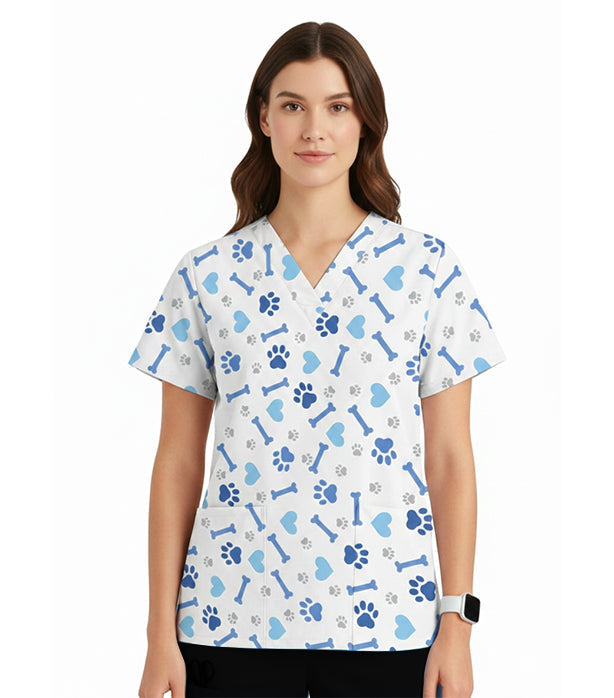 Printed Scrub Set Bone and Paw Print 4 Pockets Ladies Half Sleeves (2 Pockets Top and 2 Pockets Pant)