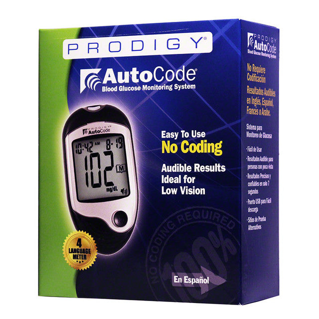Prodigy AutoCode® Blood Glucose Monitoring System, Meter, 2 AAA Batteries, 10 Prodigy® Test Strips, Lancing Device, 10 Sterile Lancets, 1 Control Solution, User & Quick Reference Guide, Carrying Case, Logbook, Warranty Card (E0607)