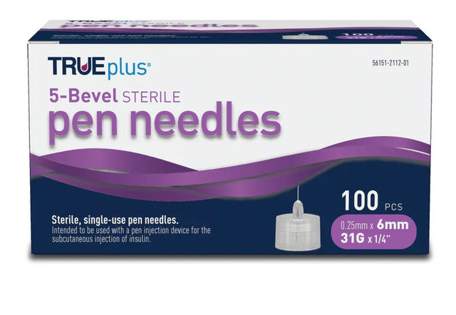 TRUEplus® Sterile, 5 Bevel Pen Needles, 31g, 6mm (1/4 inch) (S8490)