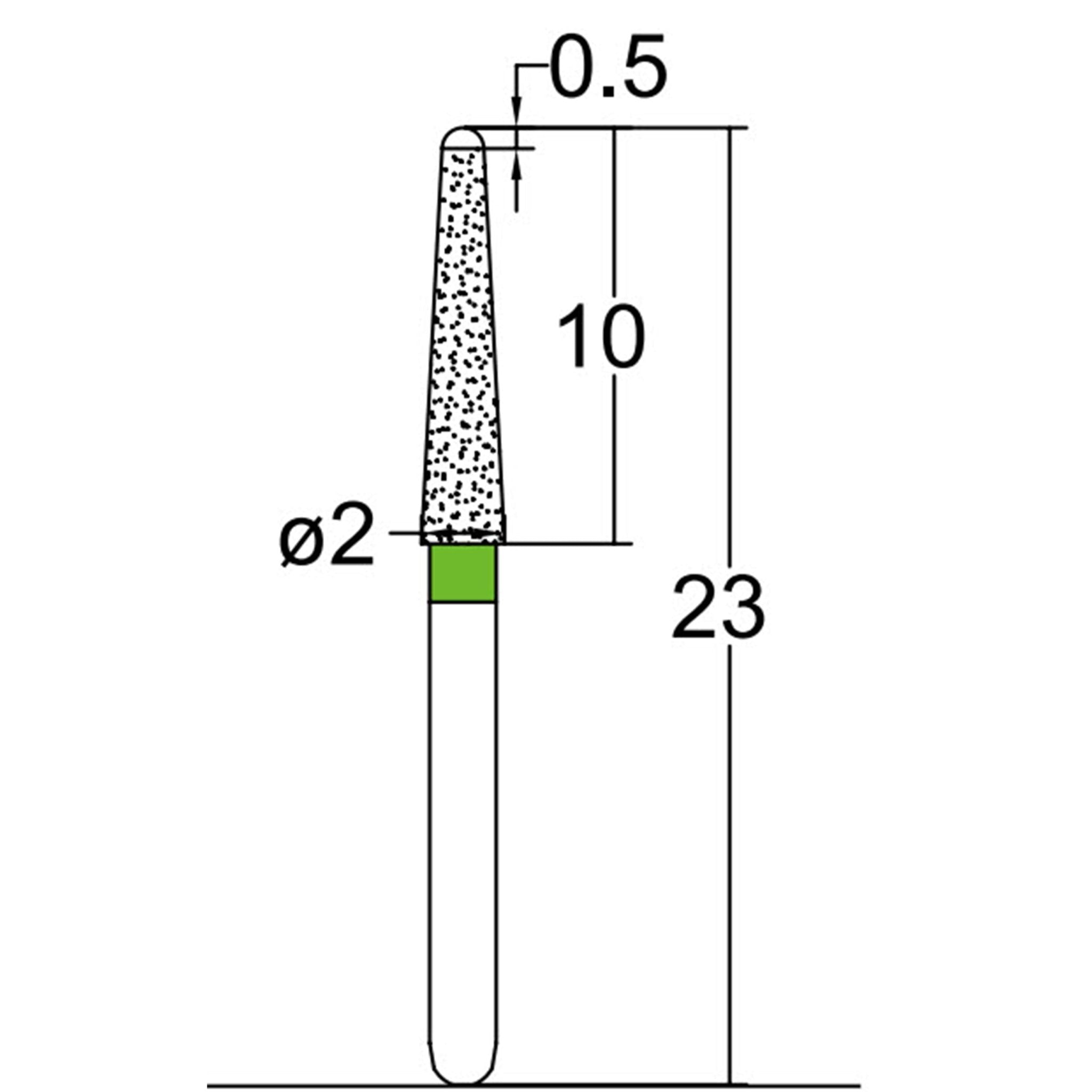 Endo Z Bur, Conical End, Dome End Side Cutting Only 2 mm Dia. Coarse Grit Diamond Bur 5 per pack. 215.20C1
