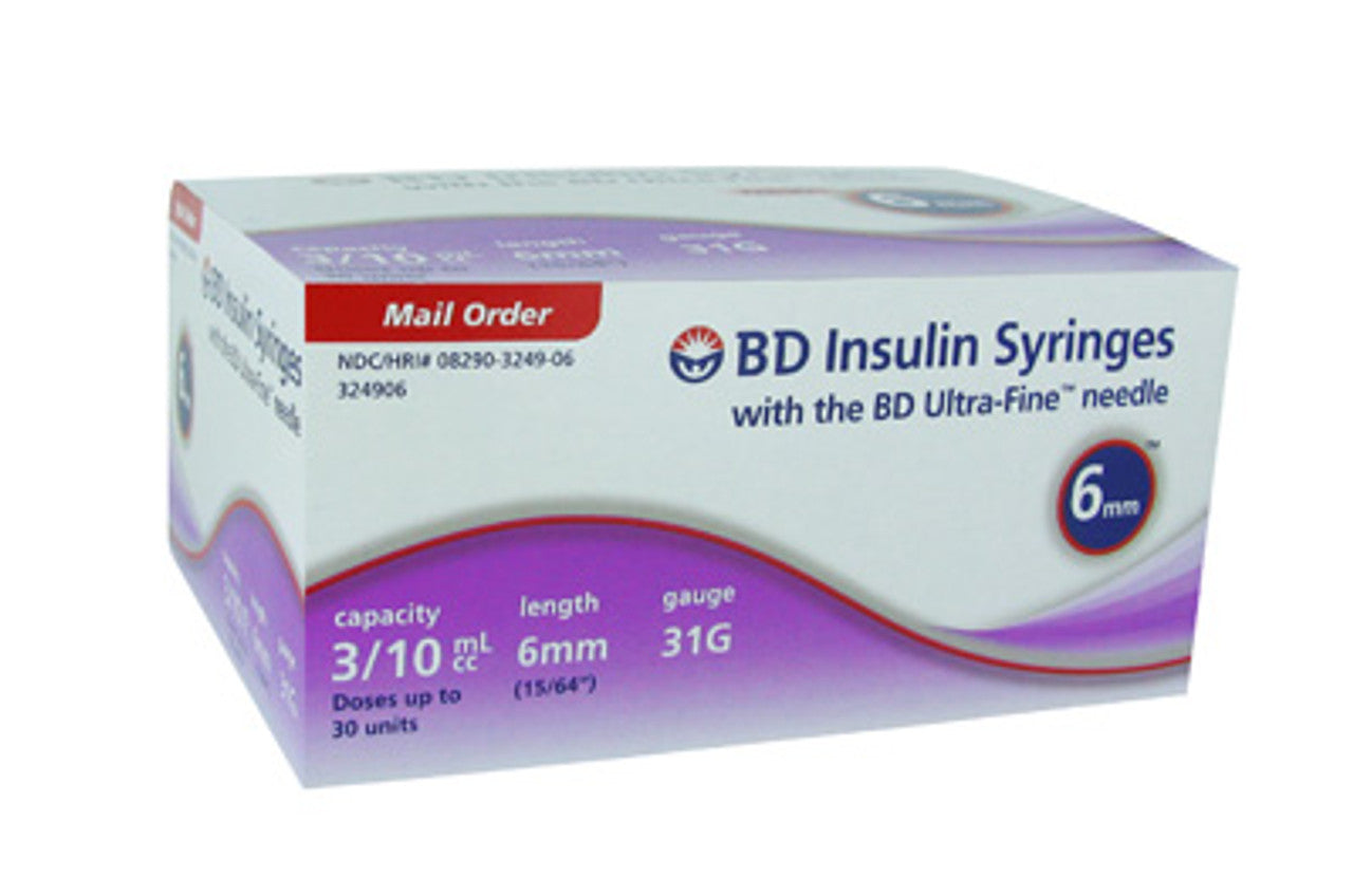 BD™ Ultra-Fine™ 6mm Needle Insulin Syringe, 3/10 cc, 31 G x 6 mm 90/bx
