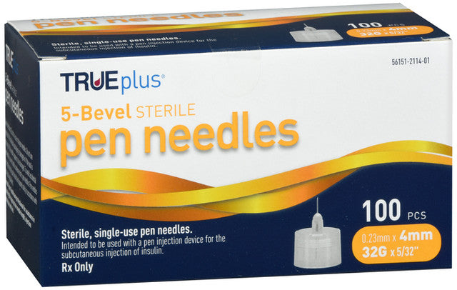 TRUEplus® Sterile, 5 Bevel Pen Needles, 32g, 4mm (5/32 inch) (S8490)