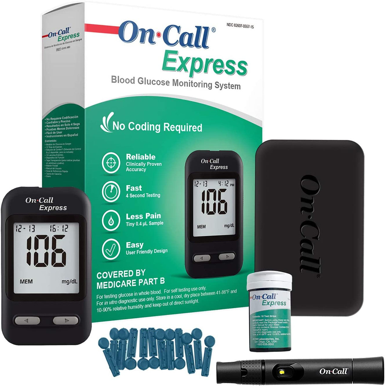 ACON Laboratories On Call Express Starter Kit, 10 Test Strips, Lancing Device, 10 Lancets, Control Solution 1, Carrying Case (E0607)