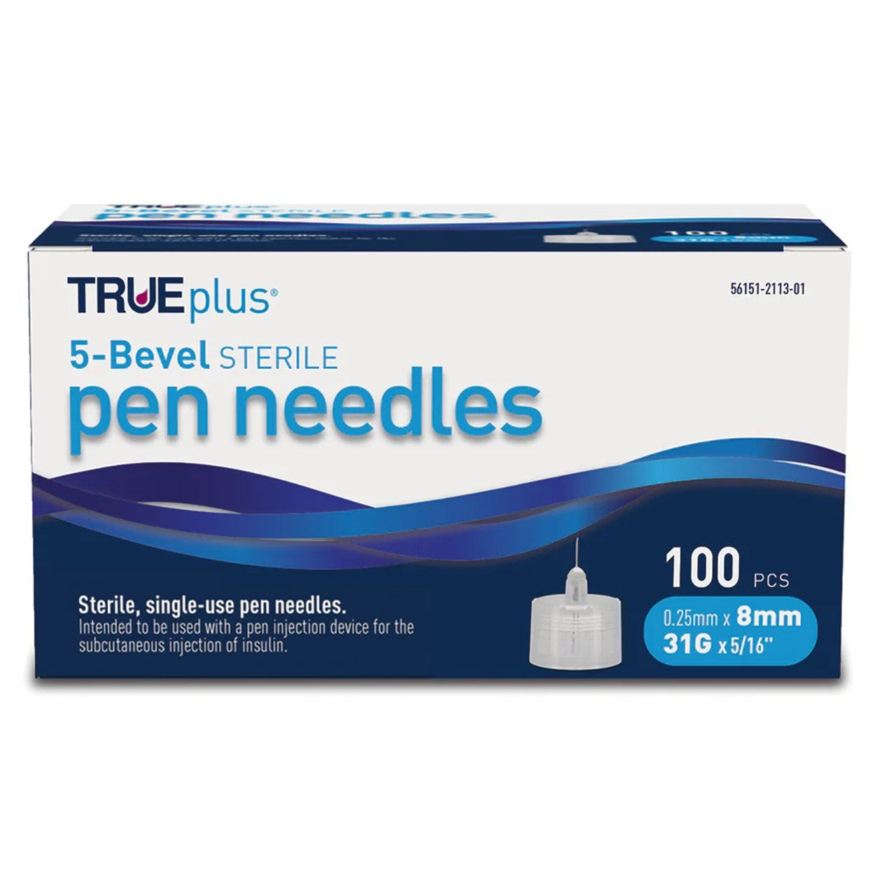 TRUEplus® Sterile, 5 Bevel Pen Needles, 31g, 8mm (5/16 inch) (S8490)